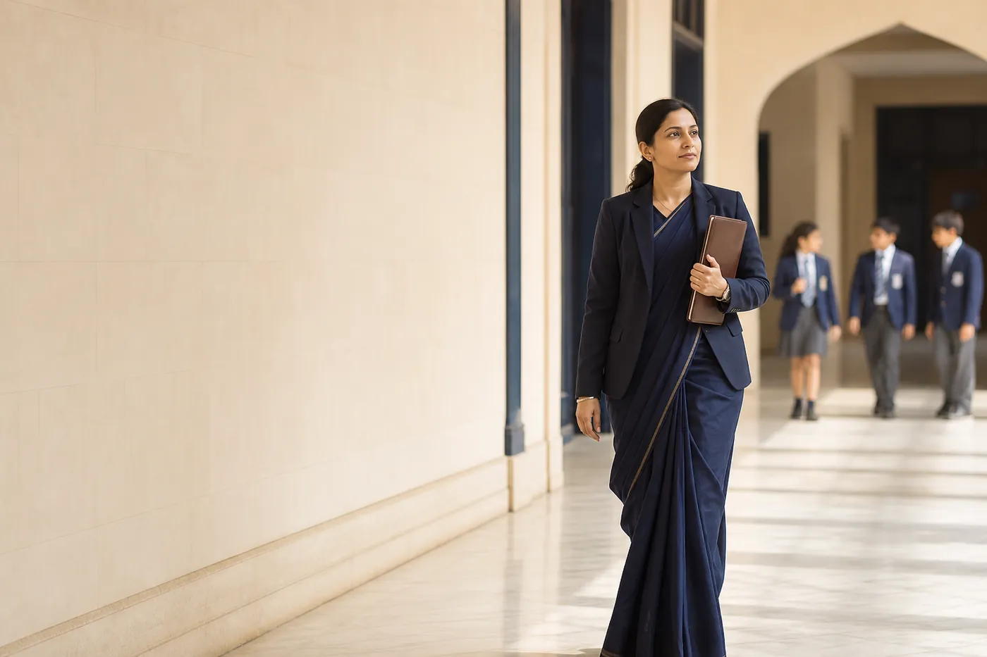 Indian school principal walking through a refined modern campus corridor